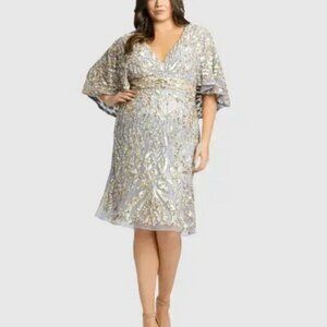 Mac Duggal Platinum Sequin Bead Embellished Cape Midi Dress